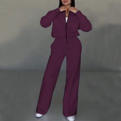 Sarah Express Women's Athleisure Tracksuit Set - Zipper Jacket & Wide Leg Pants Two Piece Outfit Purple