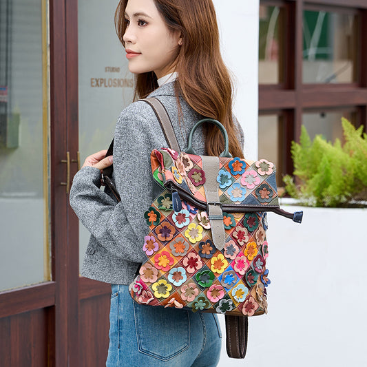 Sarah Express Colorful Plaid Floral Patchwork Genuine Leather Crossbody Bag for Women