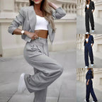 Striped Cropped Blazer Straight Pants Suit Set Long Sleeve Lapel Two-Piece