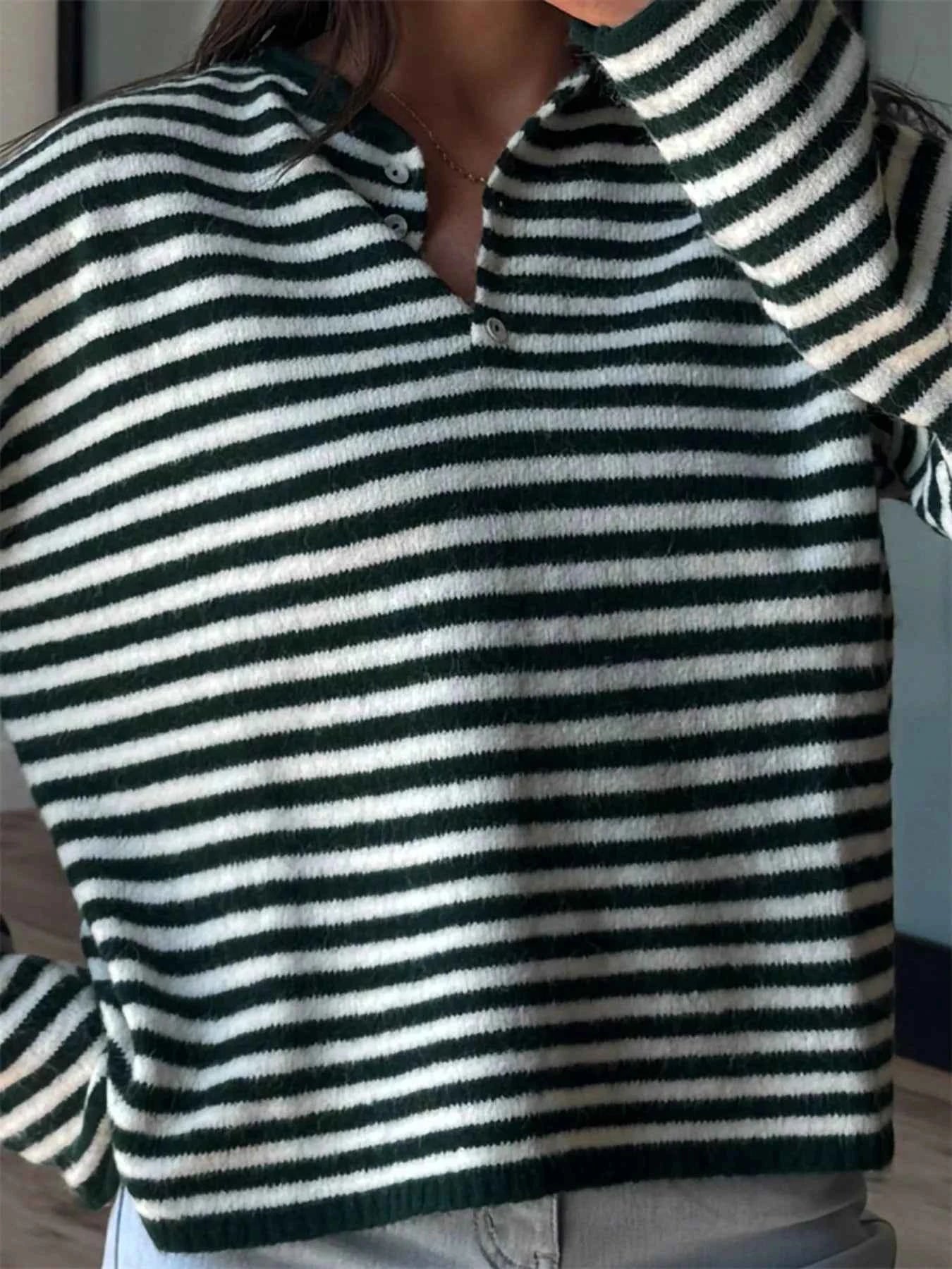 Sarah Express Women's Striped Button Detail Sweater - Dropped Shoulder Knit Top