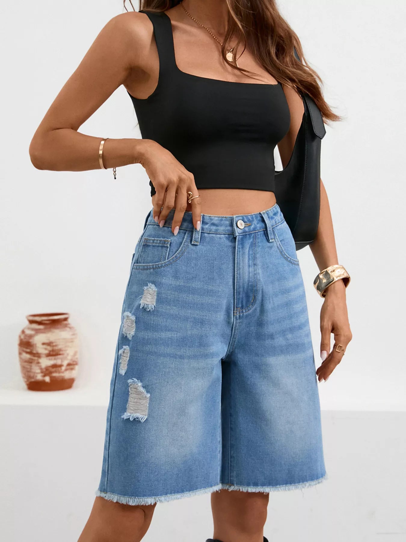 Sarah Express Women's Ripped Frayed Hem Denim Shorts