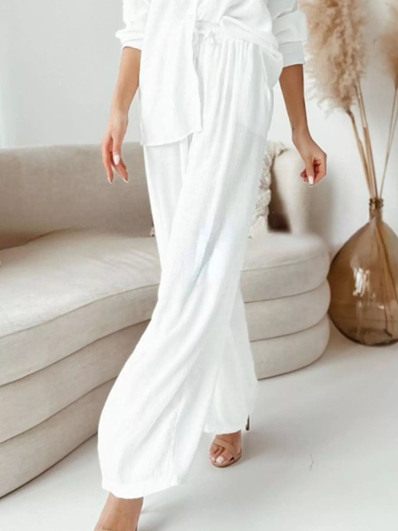 Sarah Express Women's Plus Size Button Up Shirt and Pants Two-Piece Set - Relaxed Fit Casual Outfit