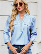 Sarah Express Women's Notched Three-Quarter Sleeve Denim Top