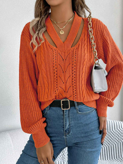 Sarah Express Women's Cable Knit V-Neck Sweater - Hollow Out Lantern Sleeve Pullover Orange