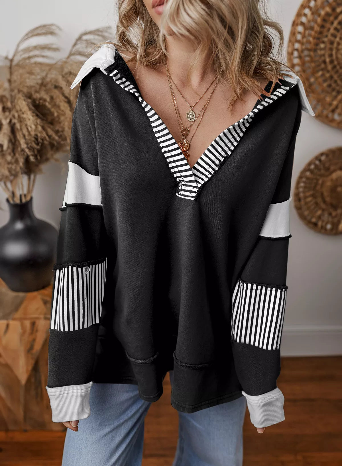 Sarah Express Women's Striped Color Block Long Sleeve Sweatshirt