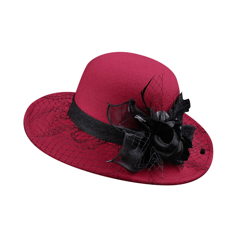 Sarah Express Women's Woolen Cloche Hat Floral Net Veil Dome Style