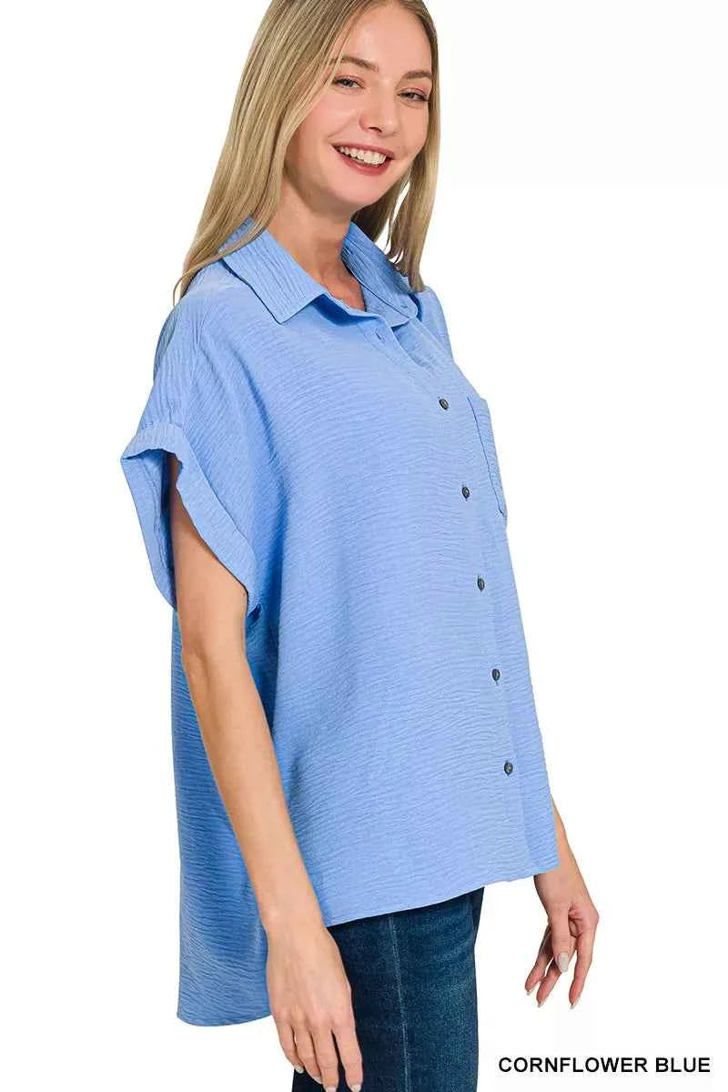 Sarah Express Women's Woven Airflow Button Down Shirt - Lightweight Breathable Blouse