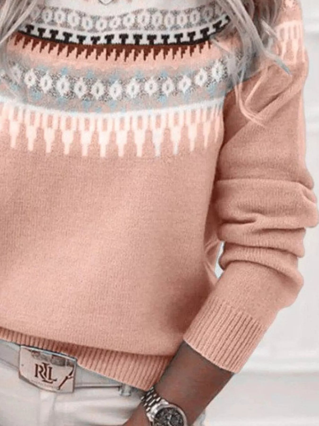 Sarah Express Women's Vintage Patterned Round Neck Sweater Plus Size