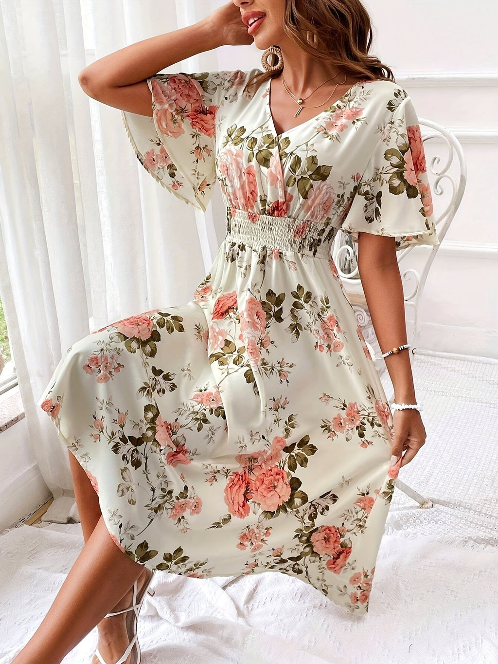 Sarah Express Women's Floral Print Smocked Waist Maxi Dress with Belt A-Line