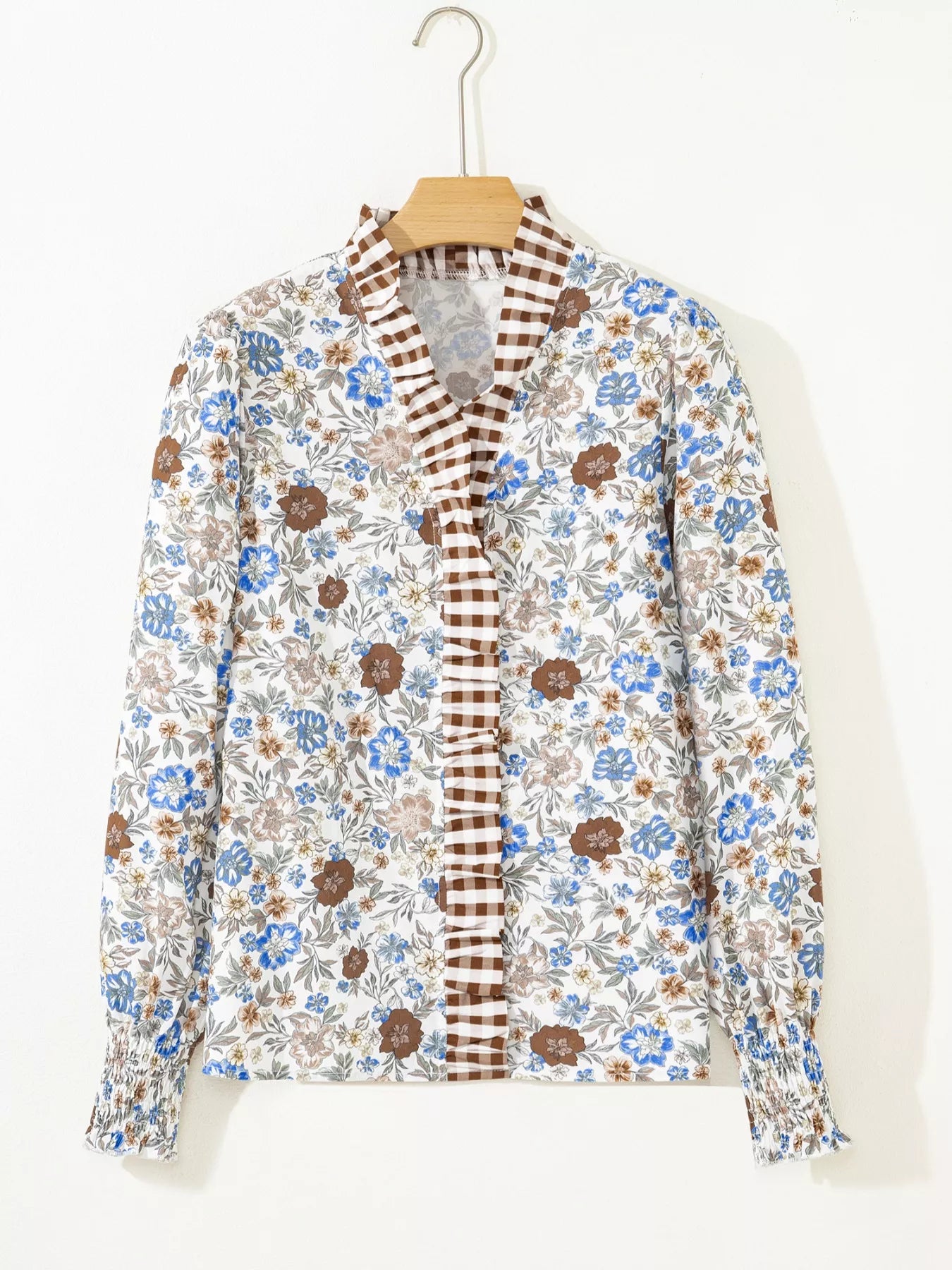 Sarah Express Women's Plaid Frilled Trim V Neck Floral Long Sleeve Blouse