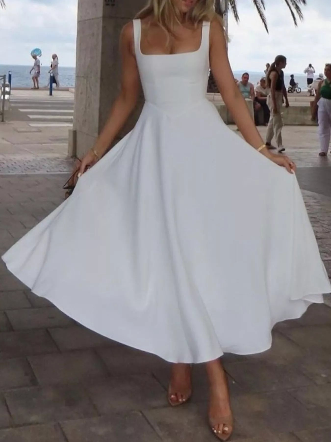 Sarah Express Women's Square Neck Wide Strap A-Line Dress Cotton Blend Casual Midi Dress