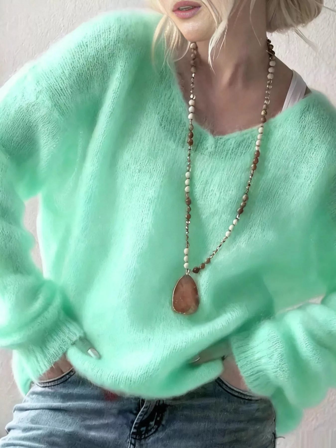 Sarah Express Women's V-Neck Dropped Shoulder Sweater Green