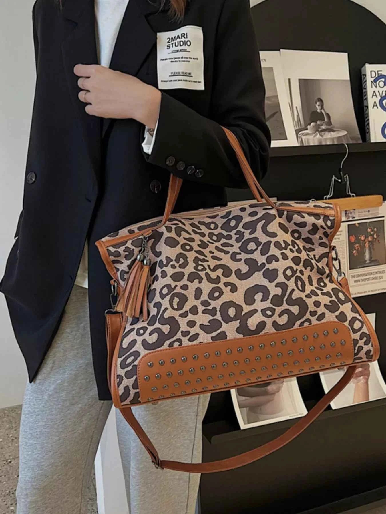 Sarah Express Women's Leopard Print Studded Tote Bag - Large PU Leather Shoulder Bag Brown ONESIZE