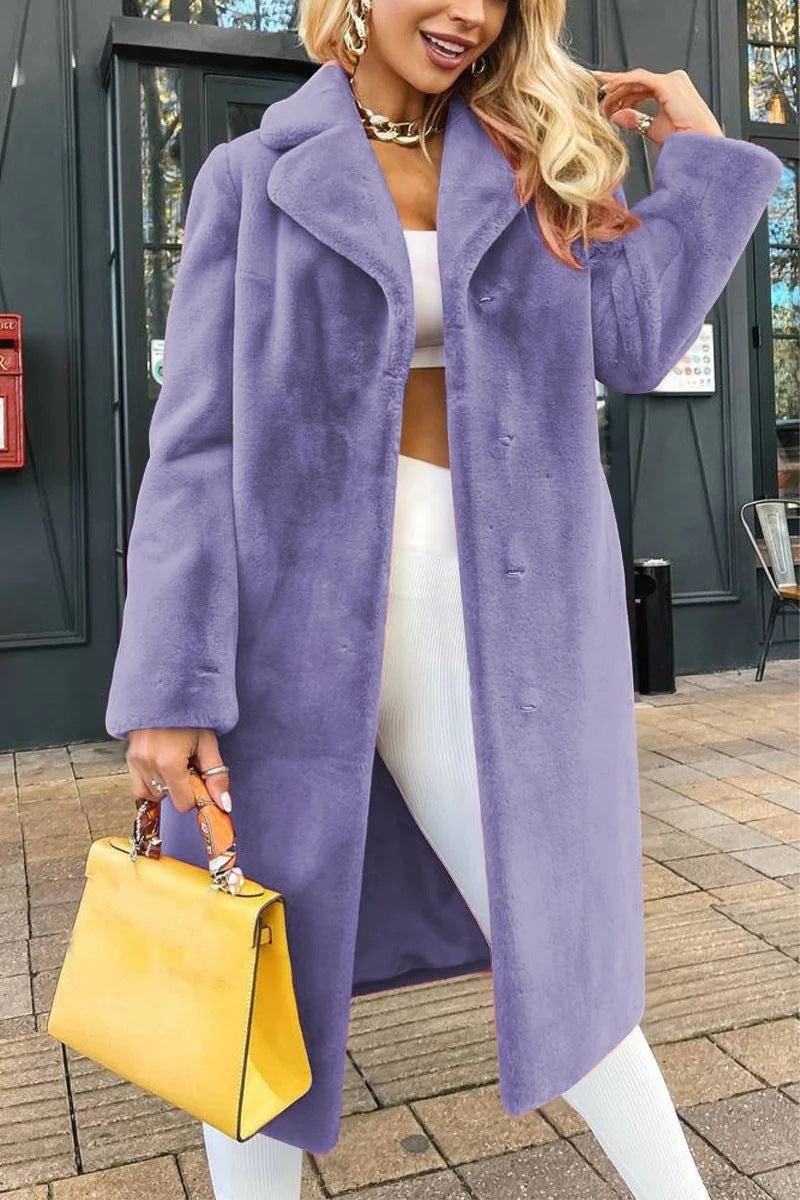 Sarah Express Lace-Up Plush Long Coat Turn-Down Collar Outerwear