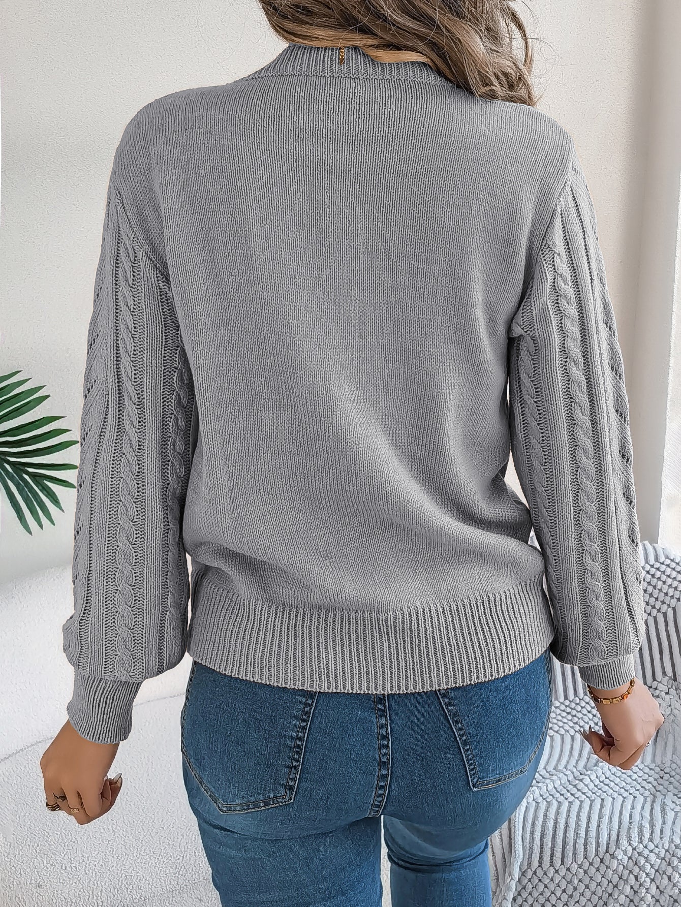 Sarah Express Women's Hollow Out Lantern Sleeve Pullover Sweater - Casual Solid Color Knitwear