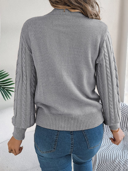 Sarah Express Women's Hollow Out Lantern Sleeve Pullover Sweater - Casual Solid Color Knitwear