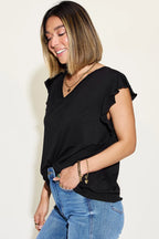 Sarah Express Women’s Plus Size Bamboo T-Shirt with Notched Neck and Ruffle Sleeves