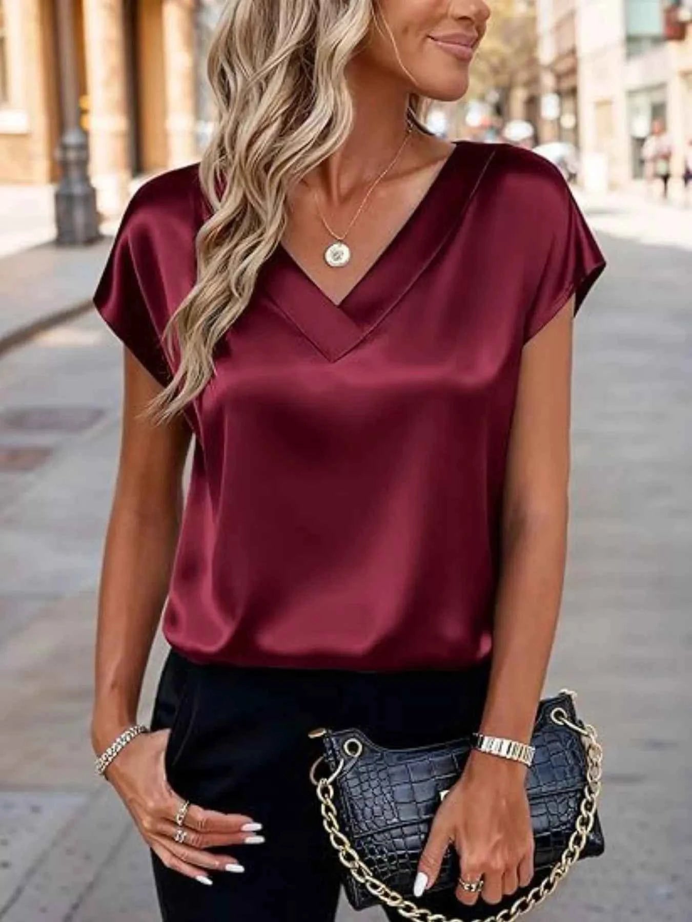Sarah Express Women's Satin V-Neck Short Sleeve Blouse - Elegant Dressy Top Burgundy