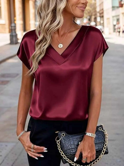 Sarah Express Women's Satin V-Neck Short Sleeve Blouse - Elegant Dressy Top Burgundy