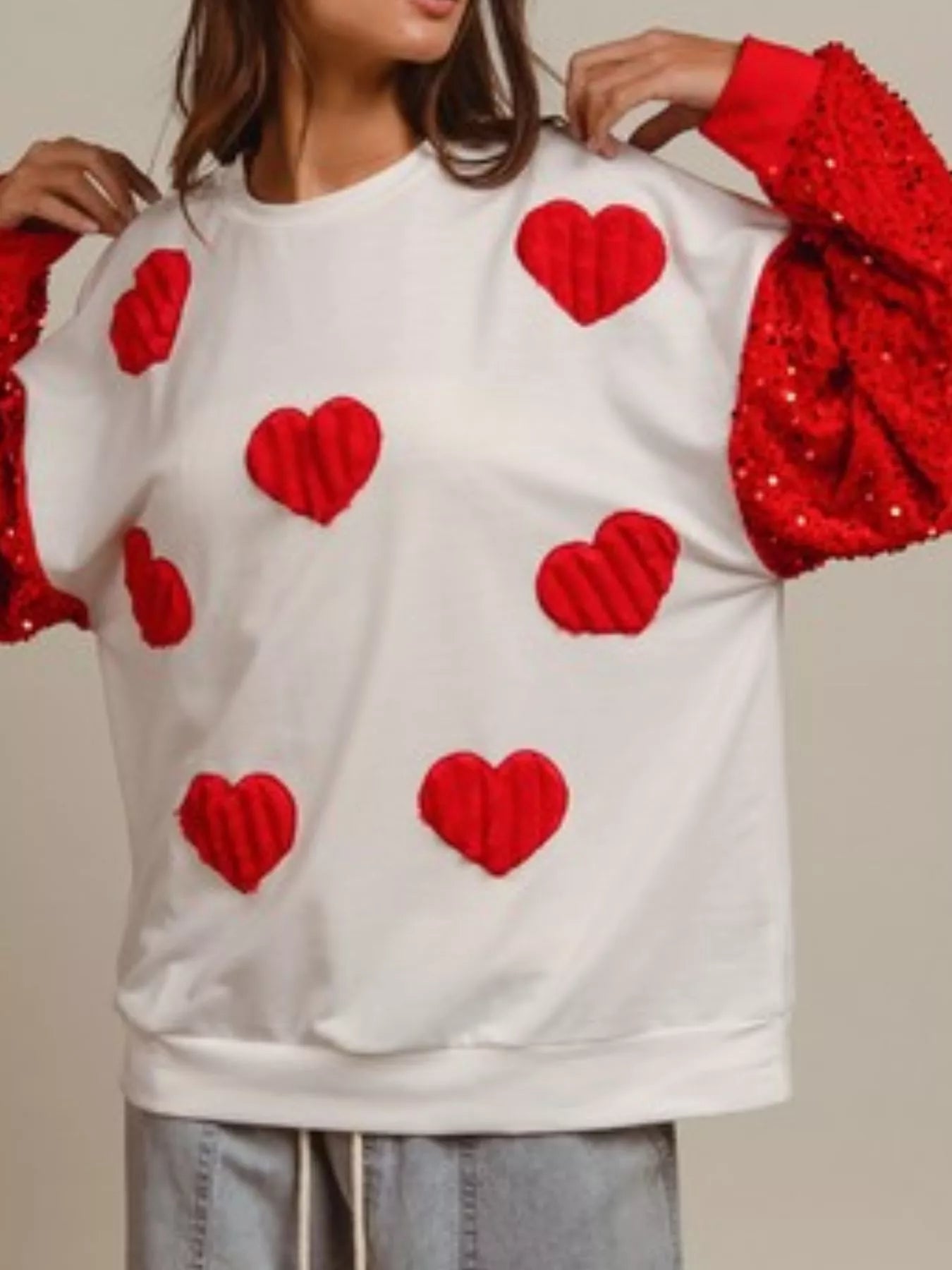 Sarah Express Women's Sequin Round Neck Long Sleeve Sweatshirt White Red