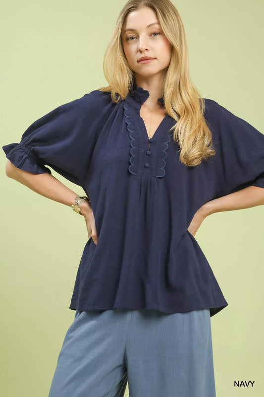Sarah Express Women's Linen Scalloped Ruffle Neck Blouse NAVY