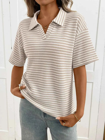 Sarah Express Women's Striped Waffle Knit Short Sleeve Top