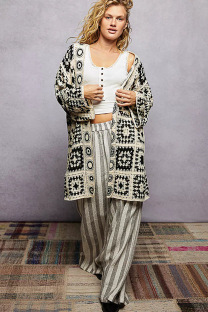 Sarah Express Women's Open Front Crochet Cardigan with Granny Square Pattern