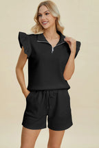 Full Size Texture Flounce Sleeve Top and Shorts Set