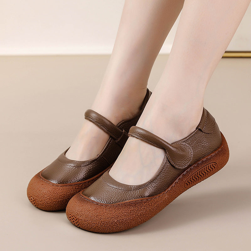 Sarah Express Women's Retro Flat Round-Toe Velcro Shoes – Genuine Leather | Black, Brown, Khaki