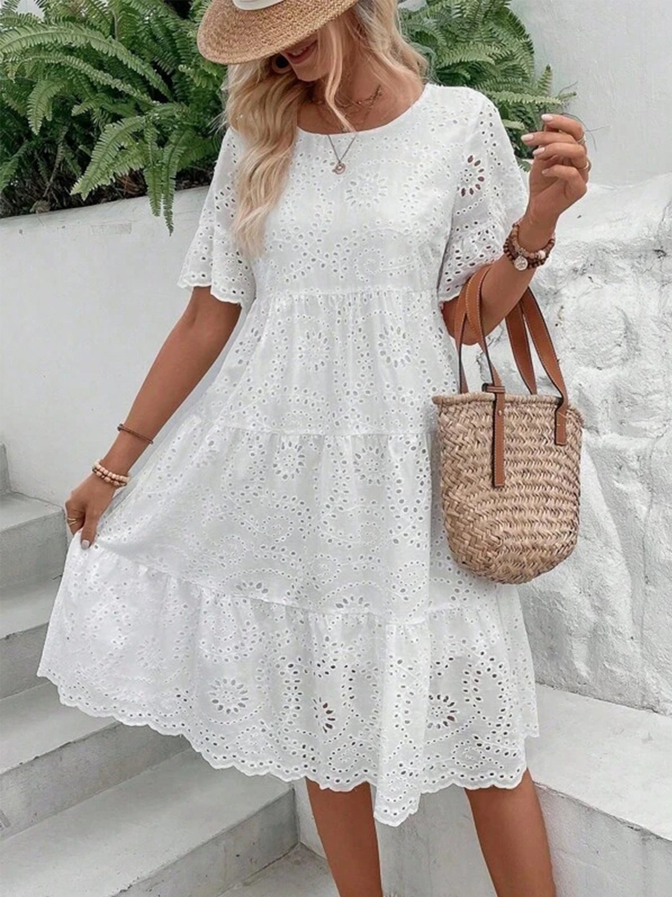 Sarah Express Women's Embroidered Floral Maxi Dress Ruffle Sleeve A-Line White Cotton Blend