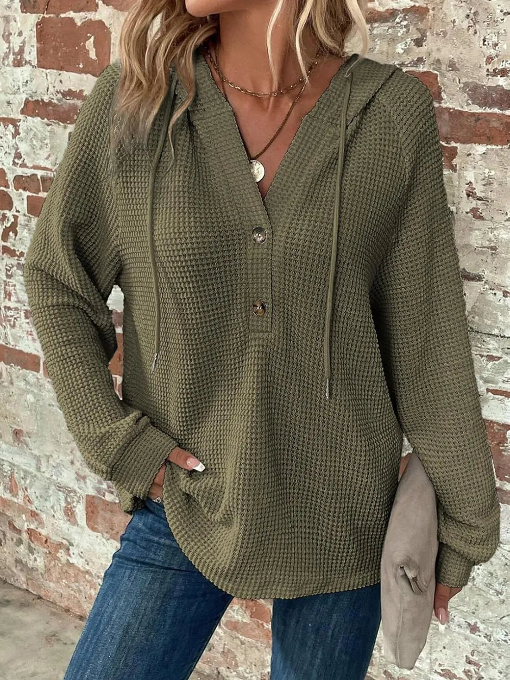 Sarah Express Women's Waffle Knit Long Sleeve Drawstring Hooded Top