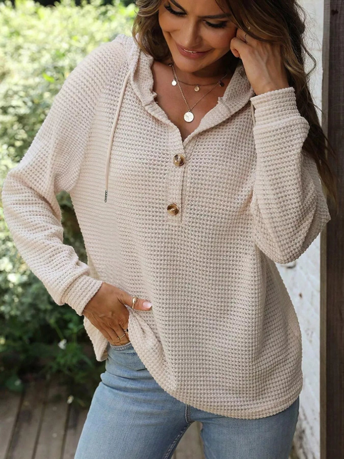 Sarah Express Women's Waffle Knit Button Detail Hoodie