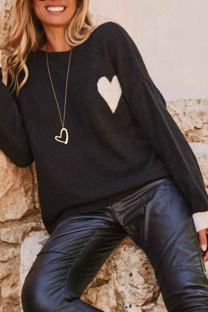 Sarah Express Women's Heart Pattern Round Neck Long Sleeve Sweater