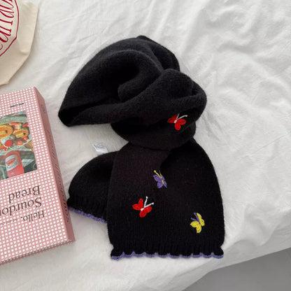 Sarah Express Women's Butterfly Embroidered Knitted Scarf - Soft Polyester Winter Wrap Black ONESIZE
