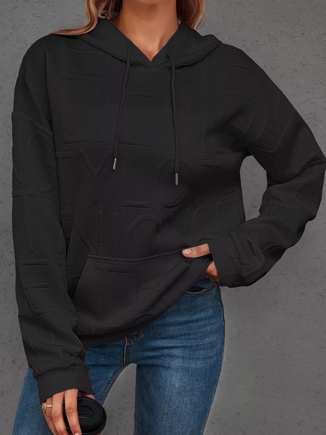 Sarah Express Women's Textured Embossed Long Sleeve Hoodie Plus Size