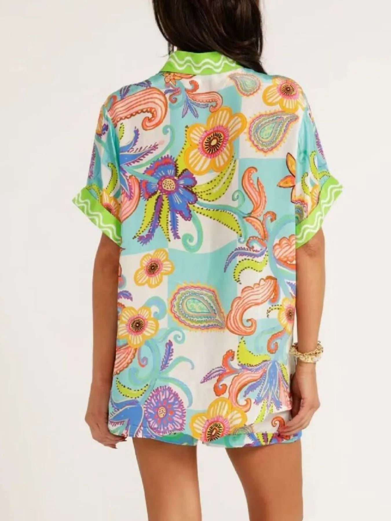 Sarah Express Women's Printed Button Up Shirt and Shorts Set