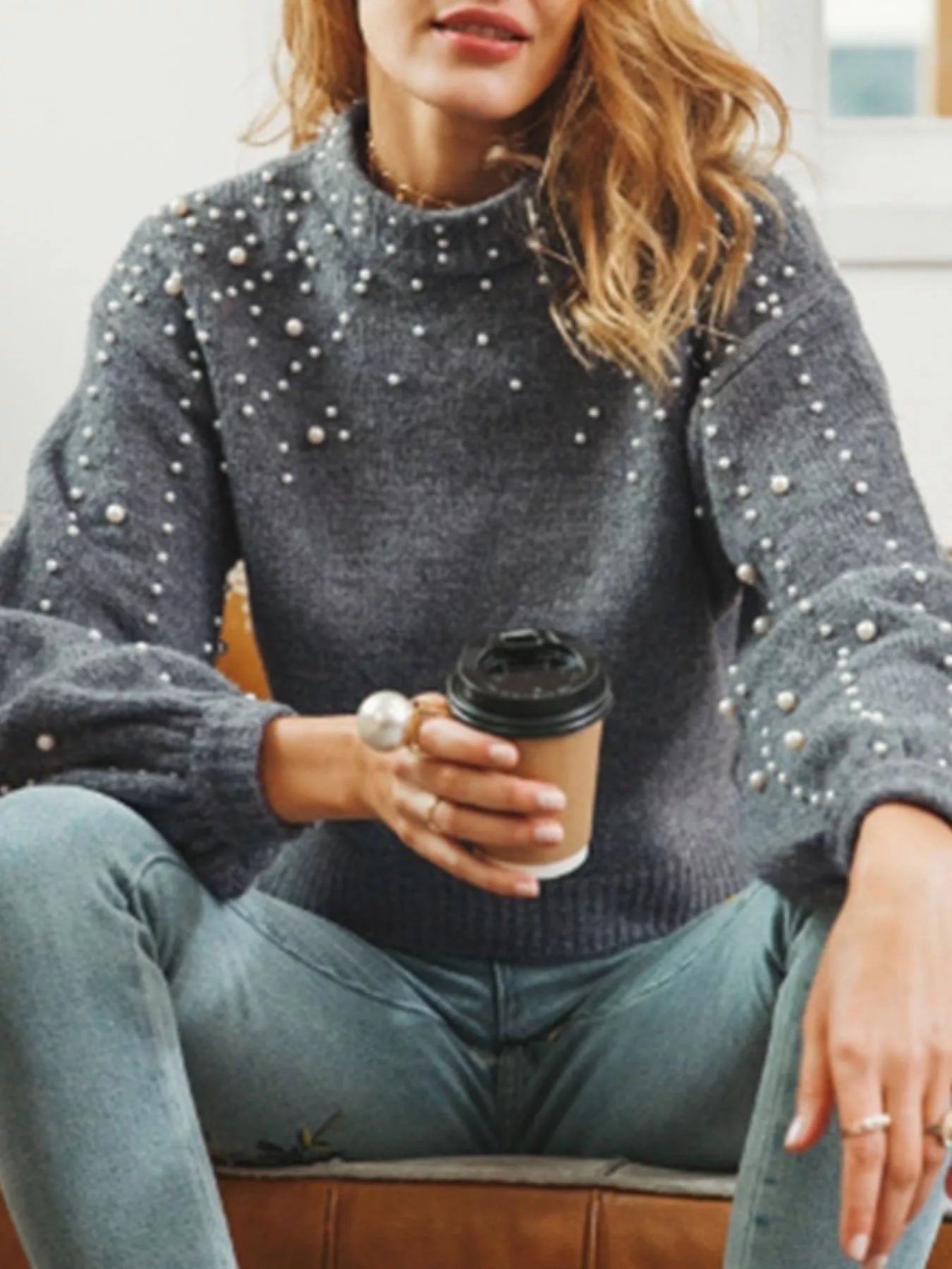 Sarah Express Women's Pearl-Embellished Mock Neck Sweater Dark Gray