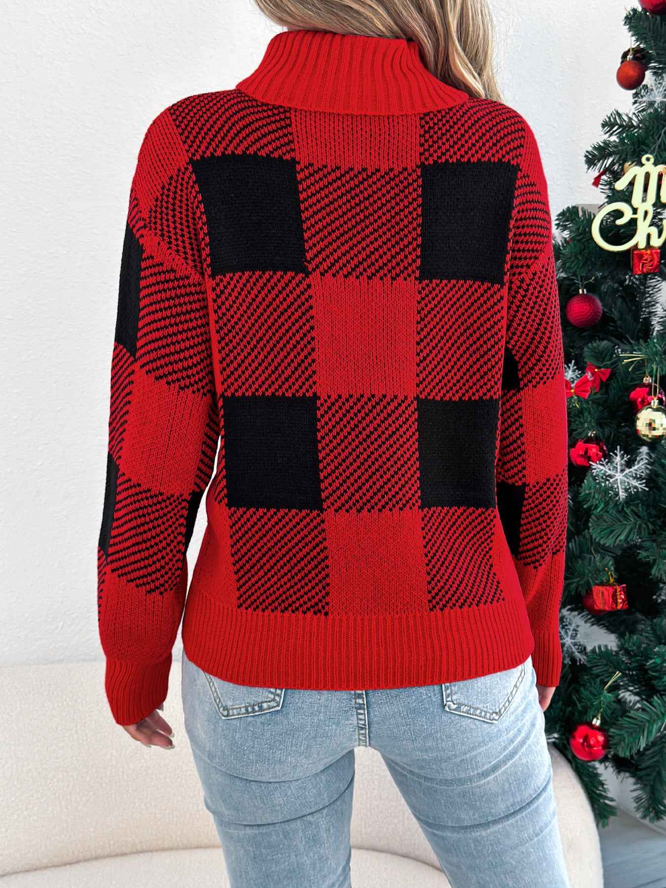 Sarah Express Women's Color Block Plaid Turtleneck Sweater - Lantern Sleeve Pullover