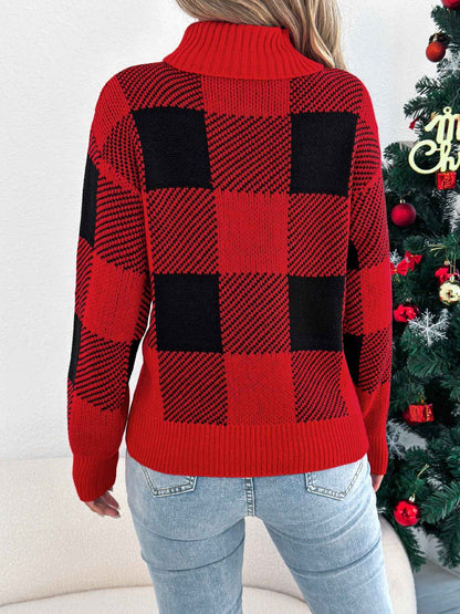 Sarah Express Women's Color Block Plaid Turtleneck Sweater - Lantern Sleeve Pullover