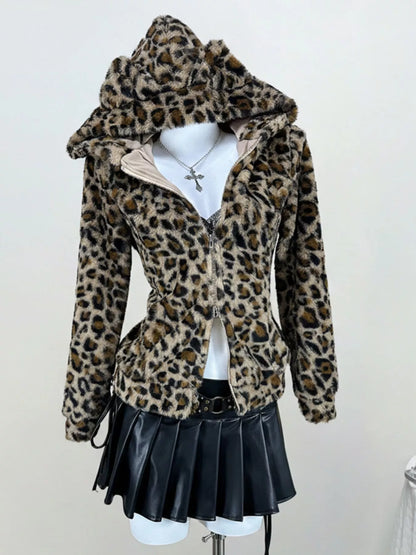 Sarah Express Women's Leopard Plush Zip-Up Hooded Jacket