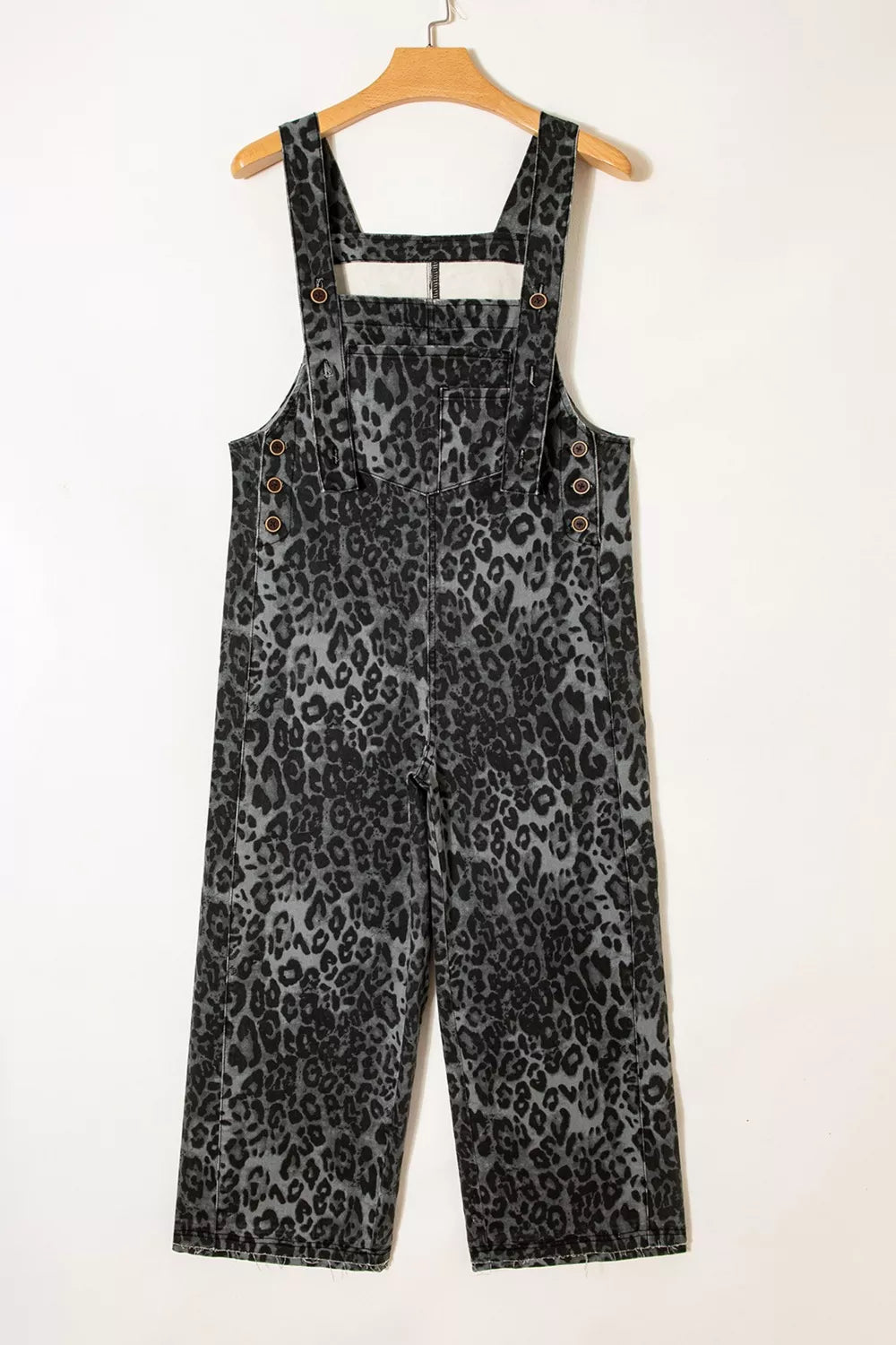 Sarah Express Women's Leopard Print Denim Overalls - Adjustable Strap Cropped Loose Fit Jumpsuit
