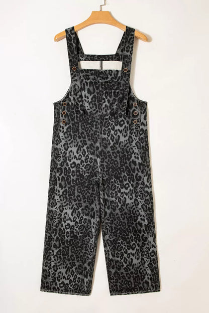 Sarah Express Women's Leopard Print Denim Overalls - Adjustable Strap Cropped Loose Fit Jumpsuit