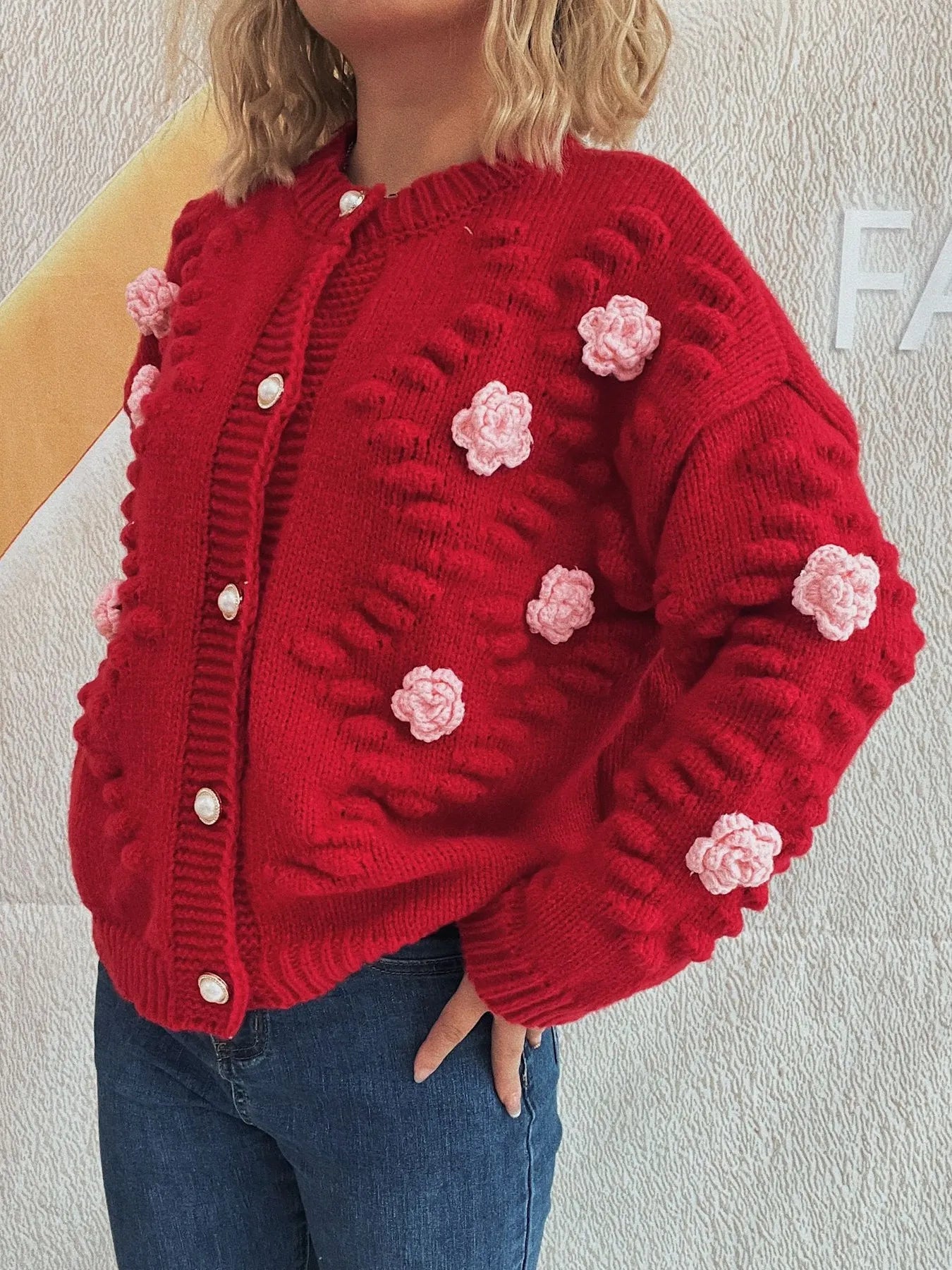 Sarah Express Women's Flower Button Up Long Sleeve Cardigan Red One Size