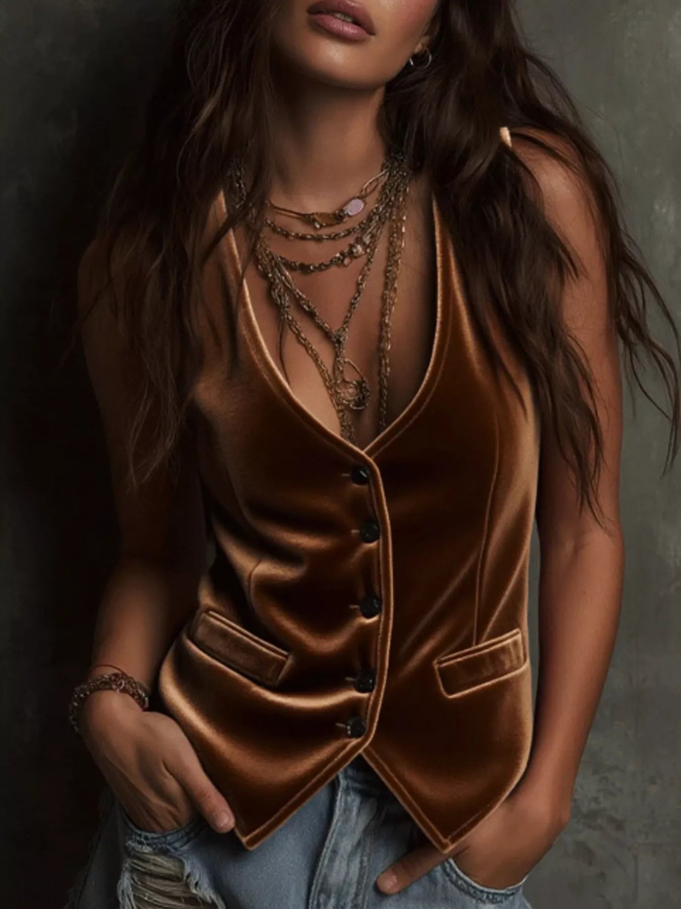 Sarah Express Women's Velvet Button-Down Vest Coat Brown