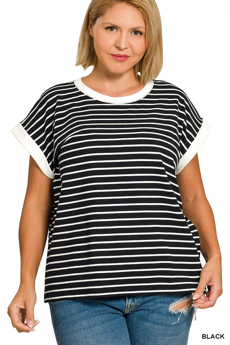 Sarah Express Women's Contrast Trim Cap Sleeve Stripe Tee Plus Size