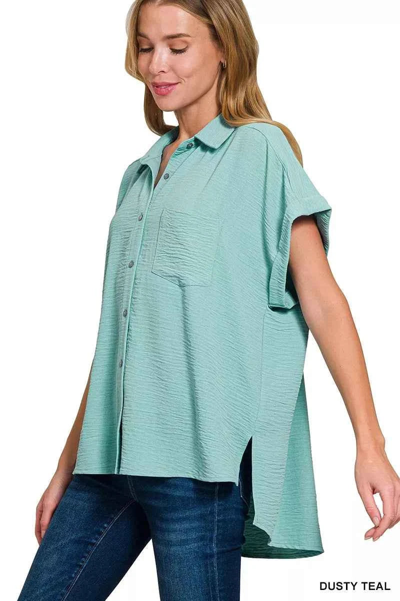 Sarah Express Women's Woven Airflow Button Down Shirt - Breathable Lightweight Top