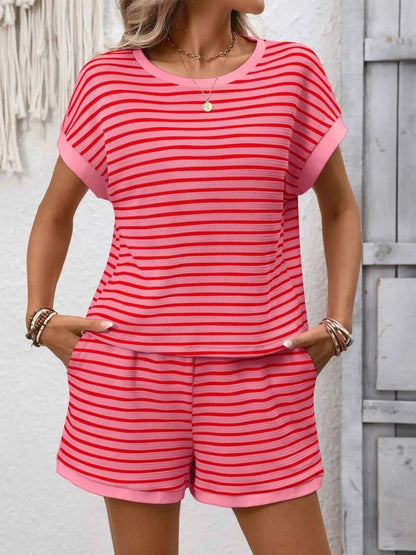 Sarah Express Women's Striped Round Neck Top and Shorts Set - Casual Two Piece Outfit