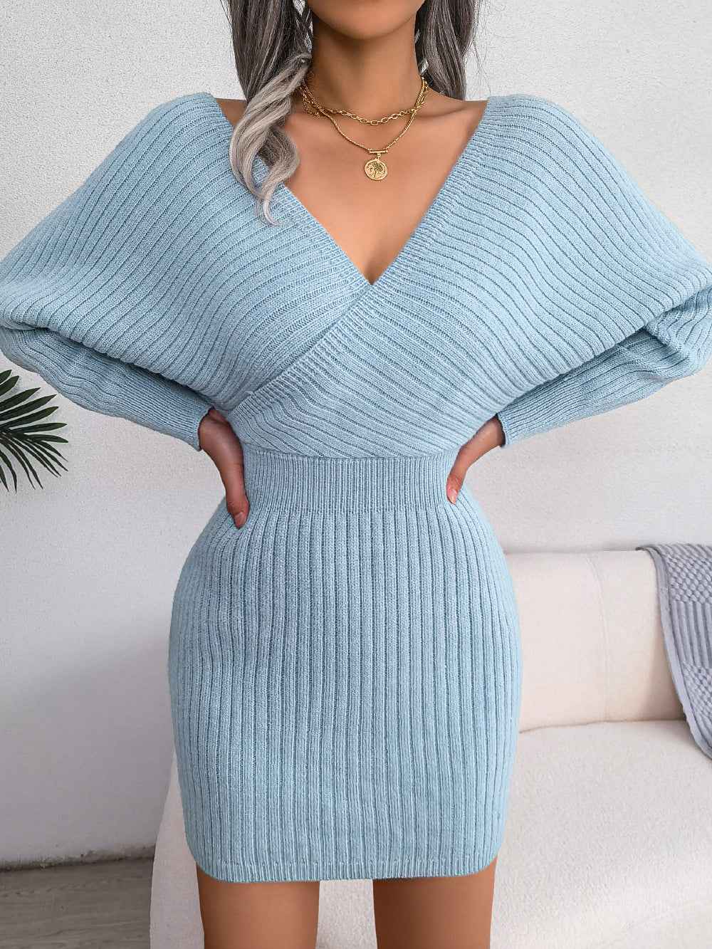 Sarah Express Women's Cross V-Neck Batwing Sleeve Bodycon Sweater Dress - High Waist Knit Dress