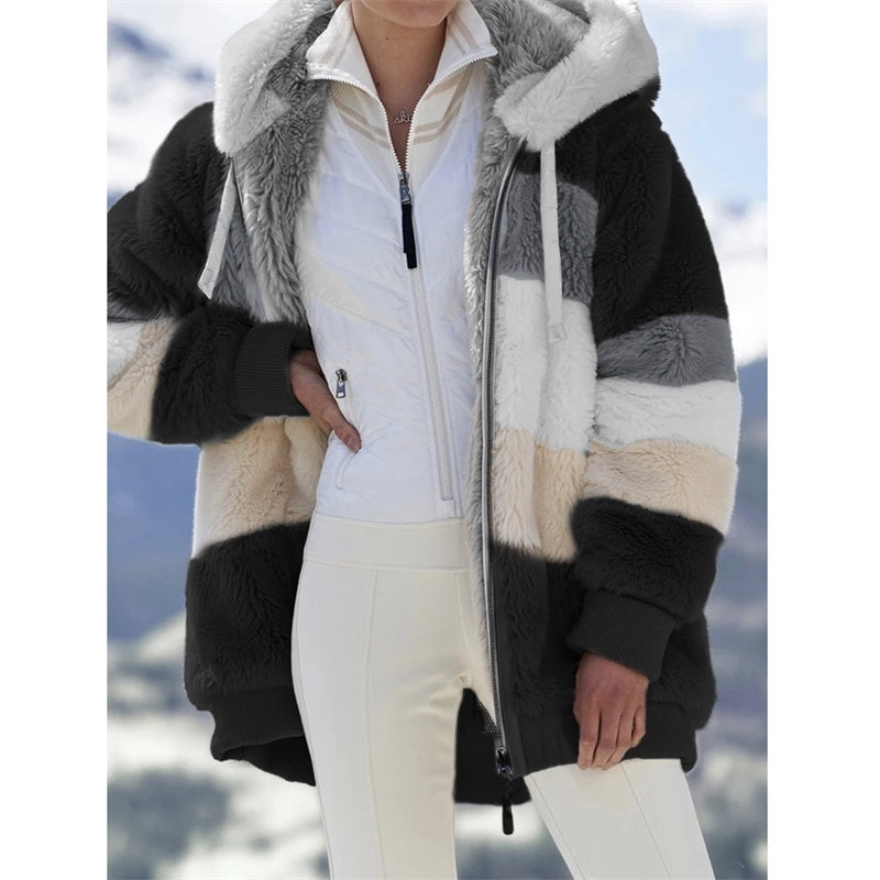 Women's Patchwork Hooded Short Jacket Plaid Grid Pattern Loose Fit Outerwear | Sarah Express