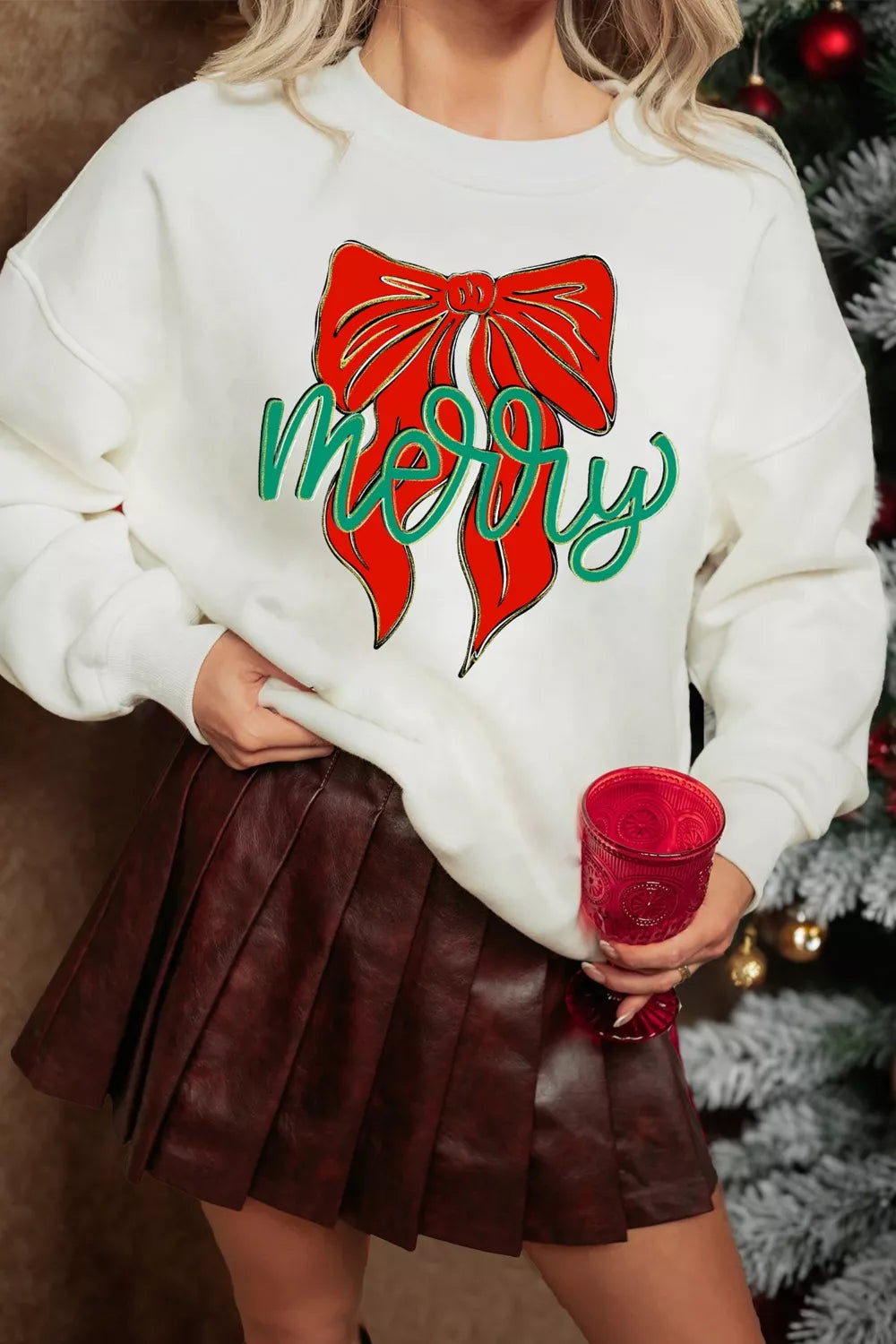 Sarah Express Women's Merry Bow Graphic Drop Shoulder Loose Christmas Sweatshirt